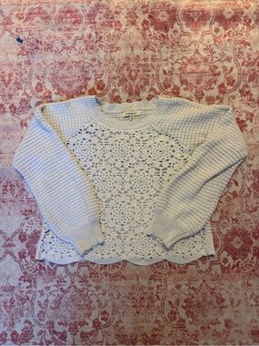 Francesca's Collections White Crochet-Front Crewneck Sweater
